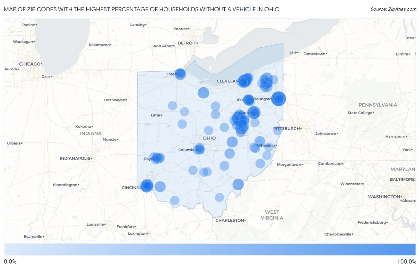 Zip Codes with the Highest Percentage of Households Without a Vehicle in Ohio Map