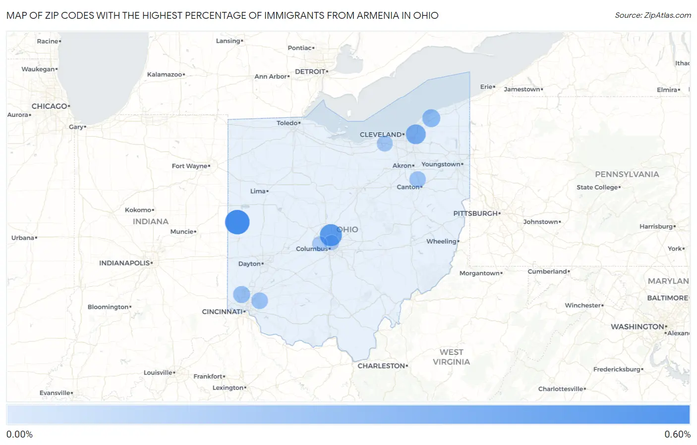 Zip Codes with the Highest Percentage of Immigrants from Armenia in Ohio Map