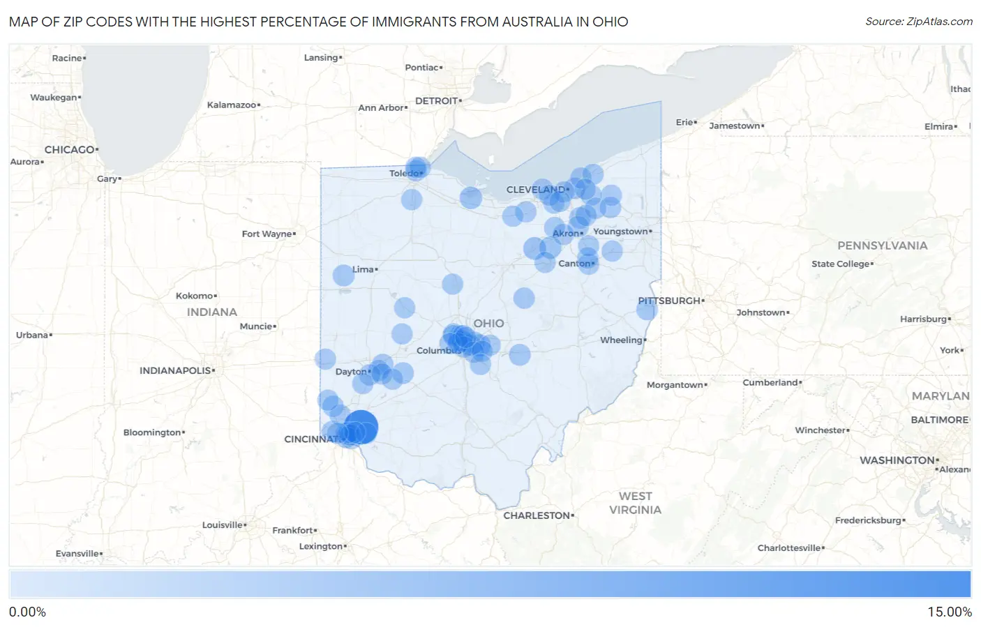 Zip Codes with the Highest Percentage of Immigrants from Australia in Ohio Map