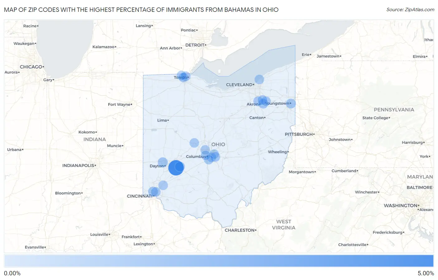 Zip Codes with the Highest Percentage of Immigrants from Bahamas in Ohio Map