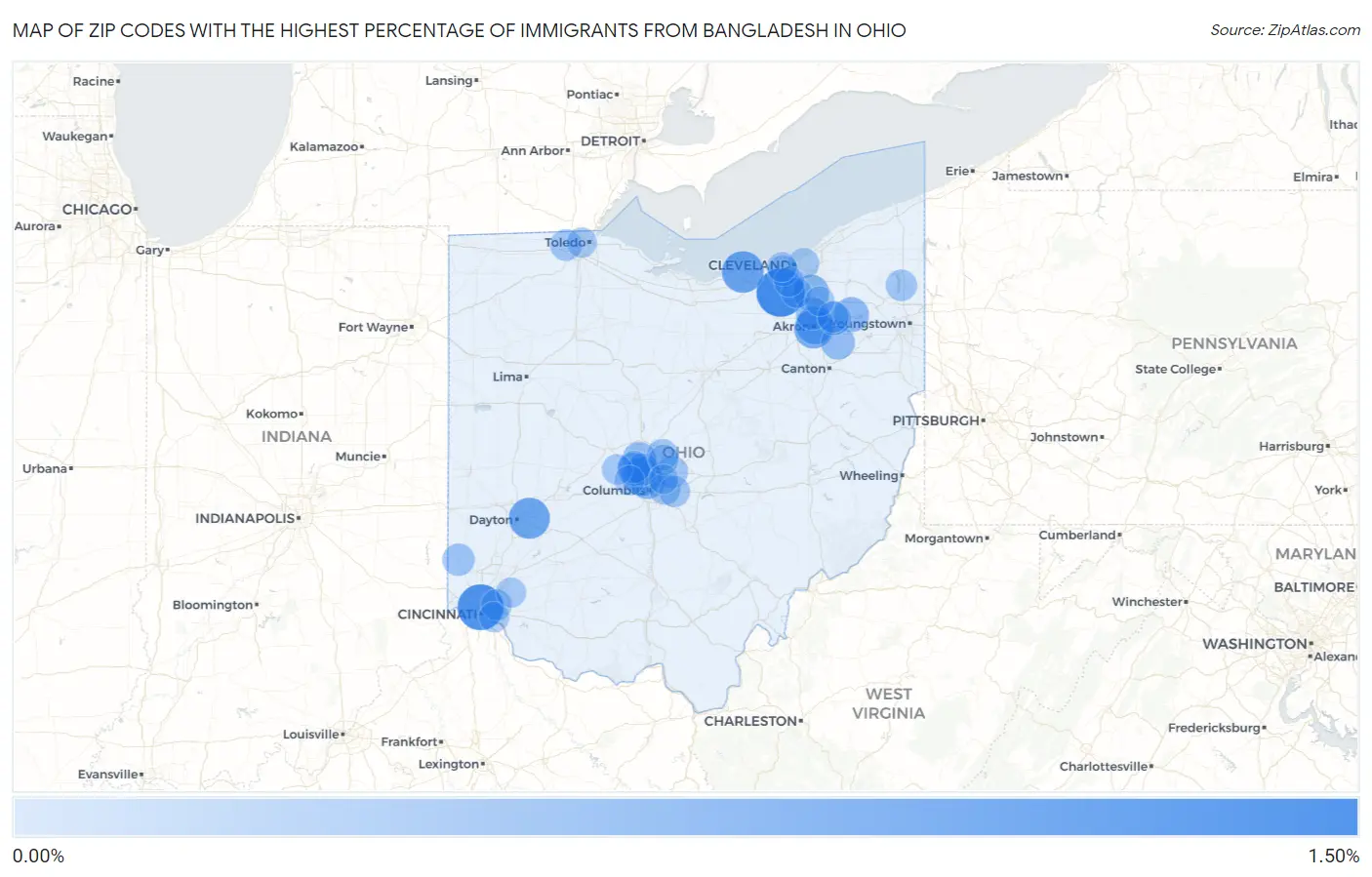 Zip Codes with the Highest Percentage of Immigrants from Bangladesh in Ohio Map