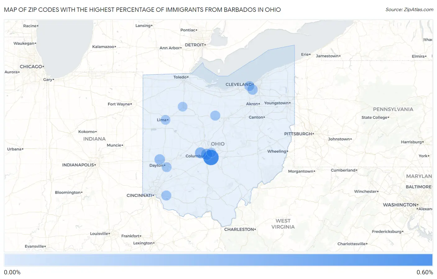 Zip Codes with the Highest Percentage of Immigrants from Barbados in Ohio Map