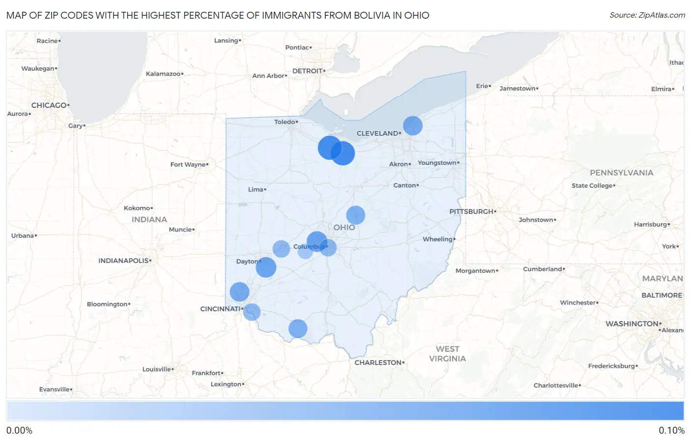 Zip Codes with the Highest Percentage of Immigrants from Bolivia in Ohio Map