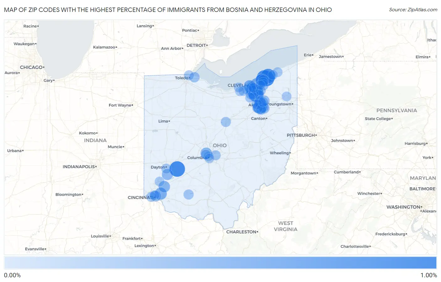 Zip Codes with the Highest Percentage of Immigrants from Bosnia and Herzegovina in Ohio Map