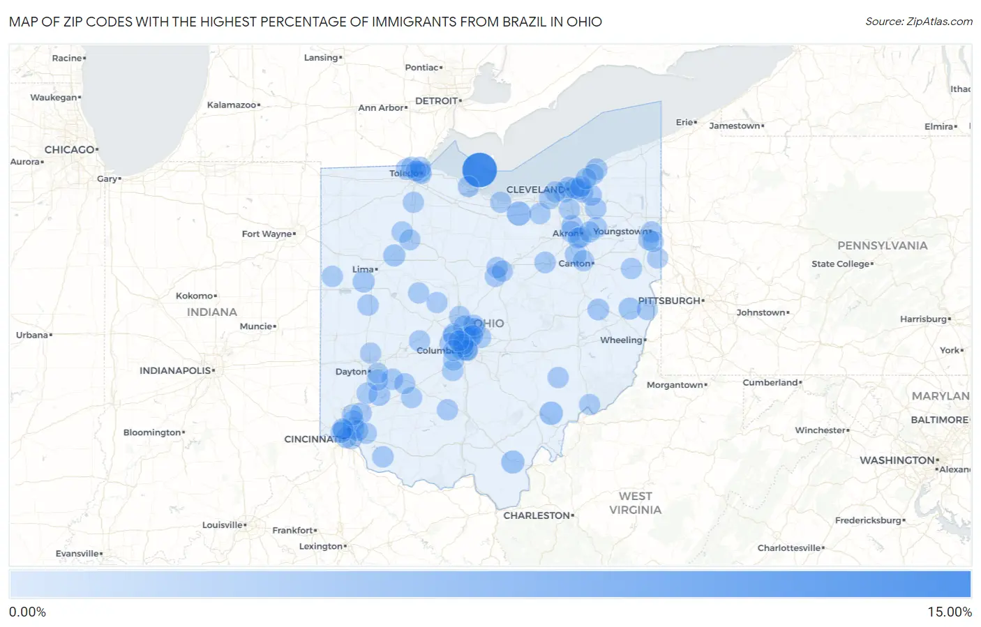 Zip Codes with the Highest Percentage of Immigrants from Brazil in Ohio Map