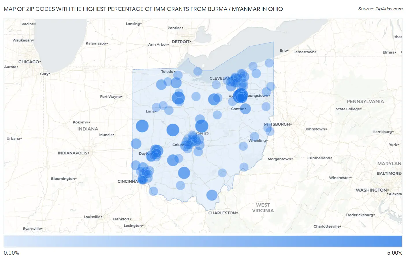 Zip Codes with the Highest Percentage of Immigrants from Burma / Myanmar in Ohio Map