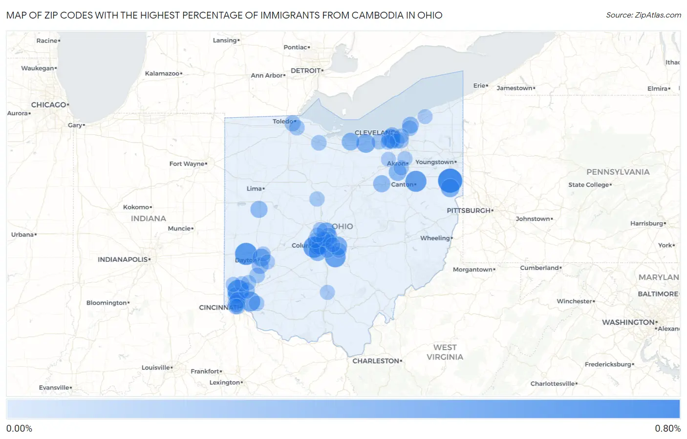 Zip Codes with the Highest Percentage of Immigrants from Cambodia in Ohio Map