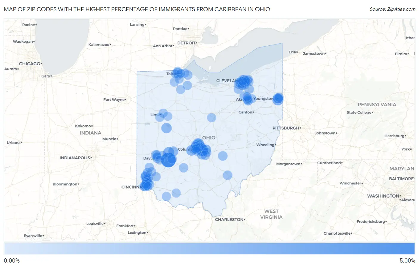 Zip Codes with the Highest Percentage of Immigrants from Caribbean in Ohio Map