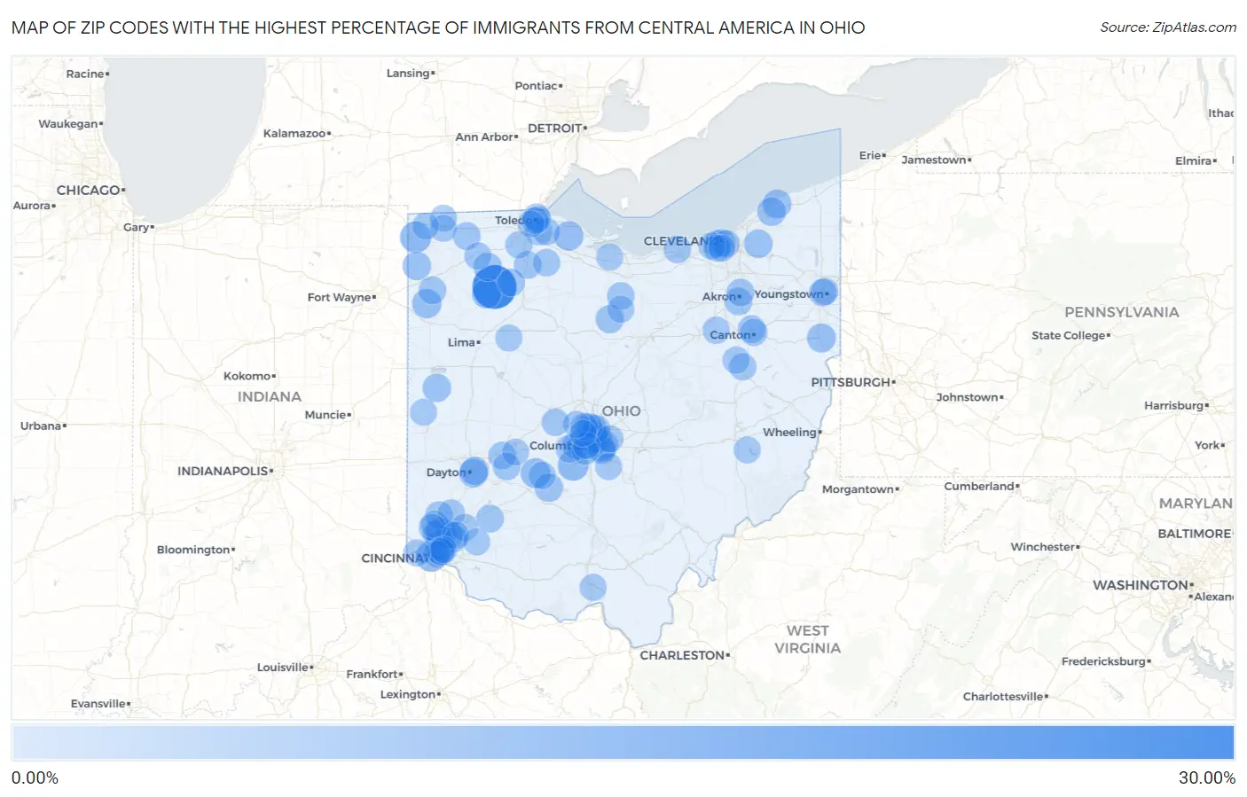 Zip Codes with the Highest Percentage of Immigrants from Central America in Ohio Map