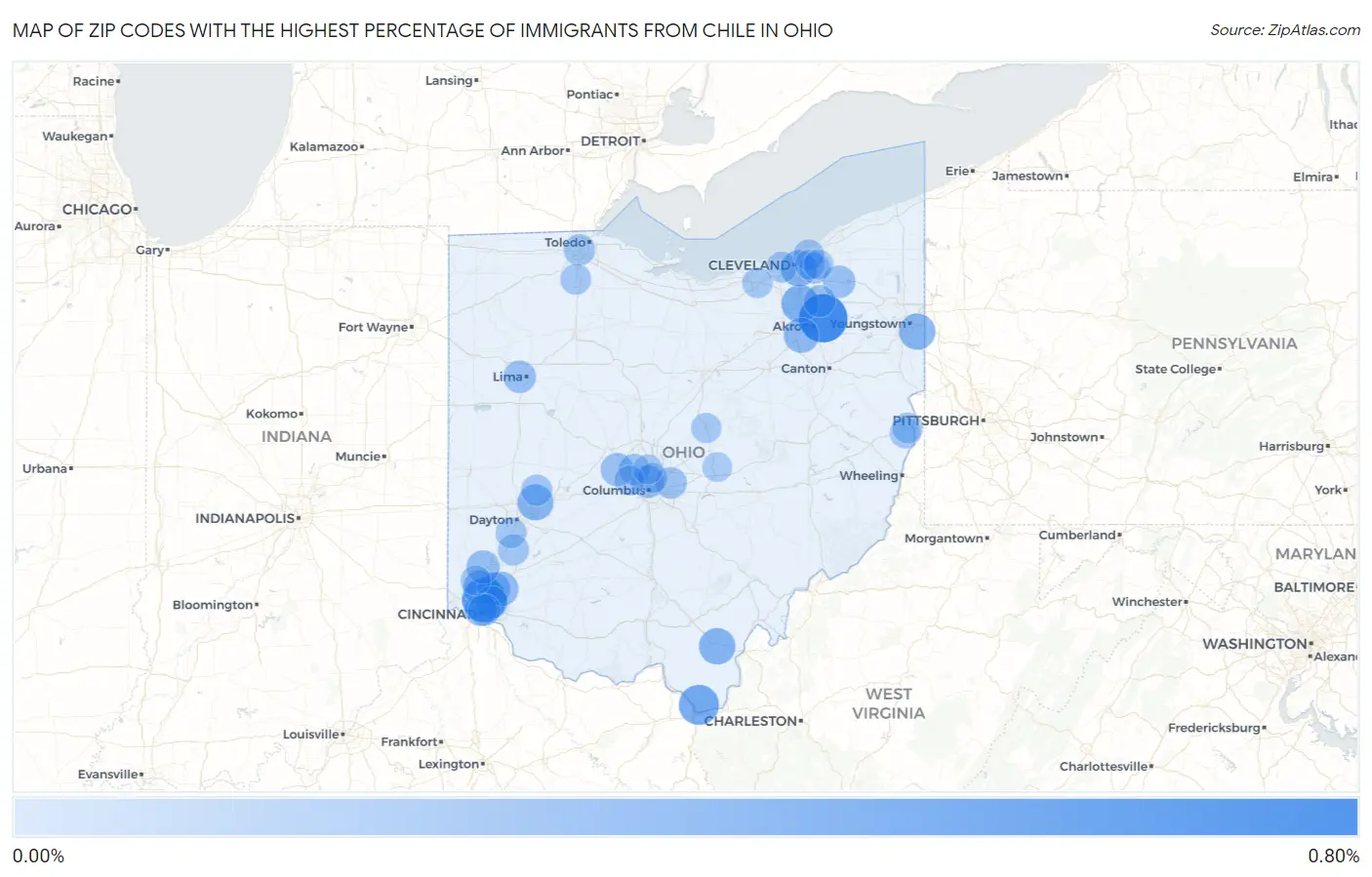 Zip Codes with the Highest Percentage of Immigrants from Chile in Ohio Map