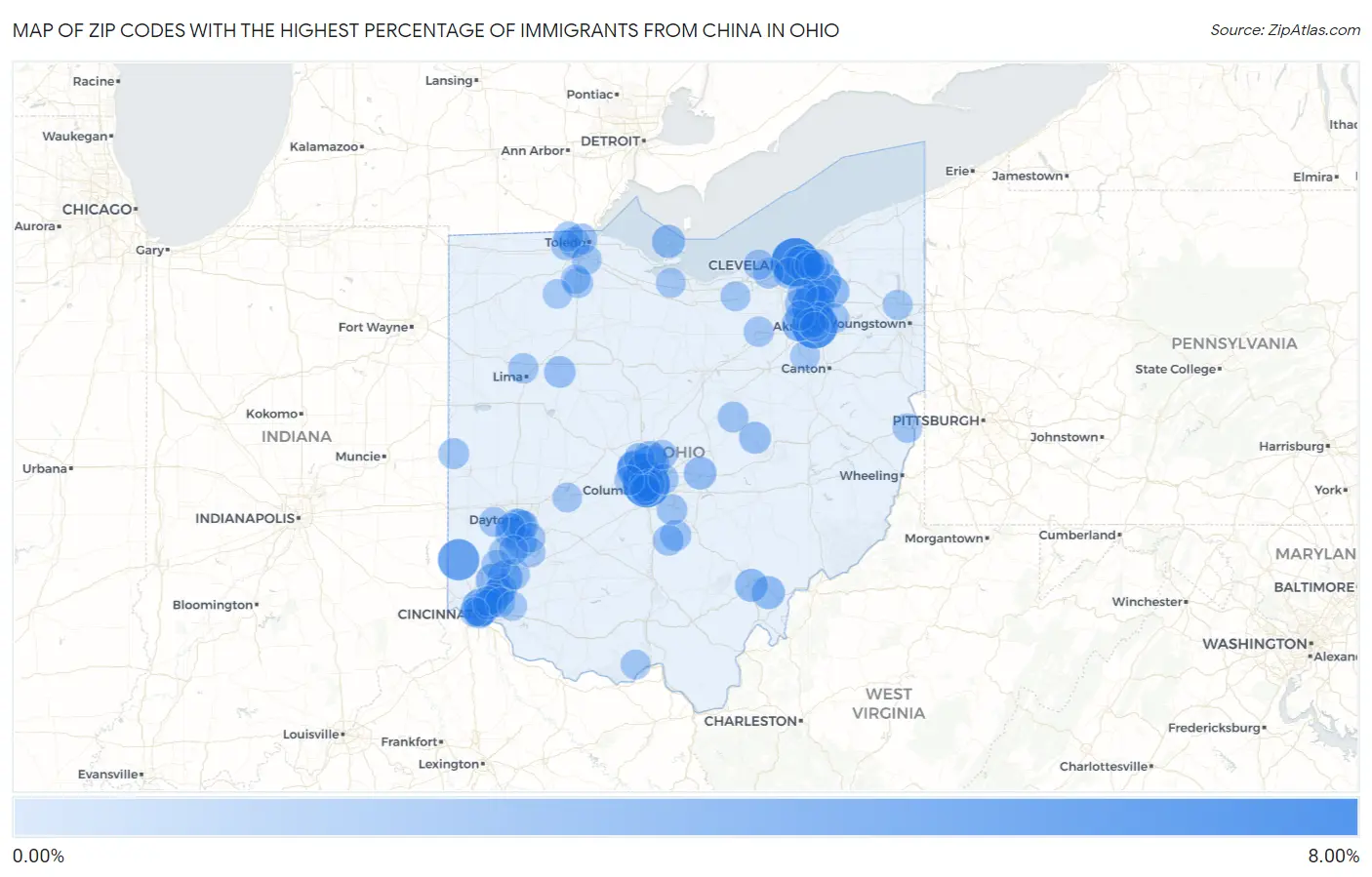 Zip Codes with the Highest Percentage of Immigrants from China in Ohio Map