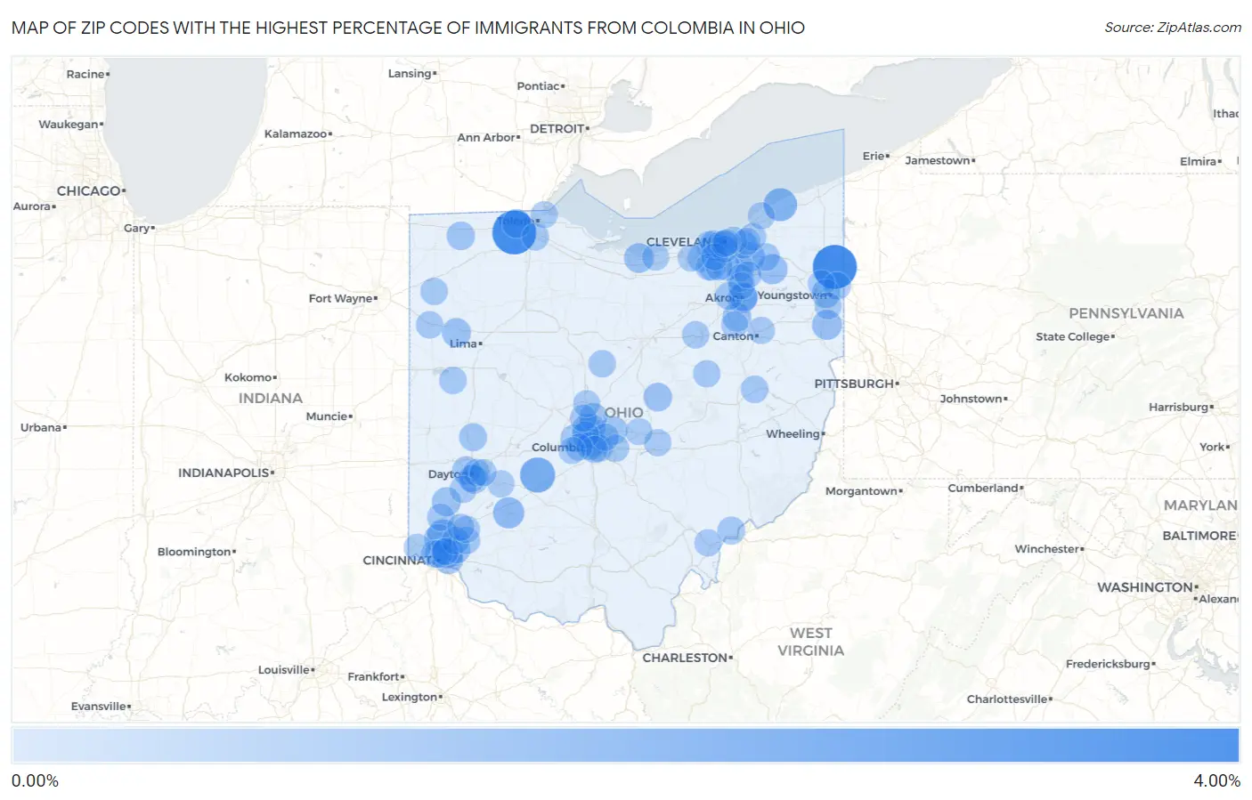 Zip Codes with the Highest Percentage of Immigrants from Colombia in Ohio Map