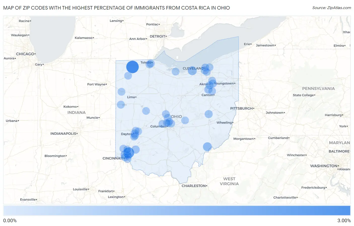 Zip Codes with the Highest Percentage of Immigrants from Costa Rica in Ohio Map