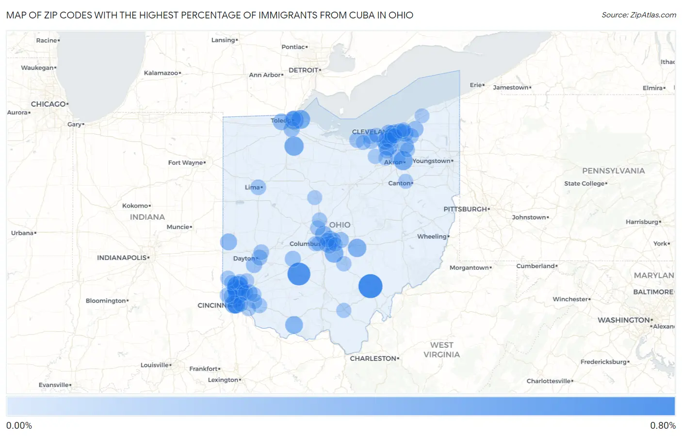 Zip Codes with the Highest Percentage of Immigrants from Cuba in Ohio Map