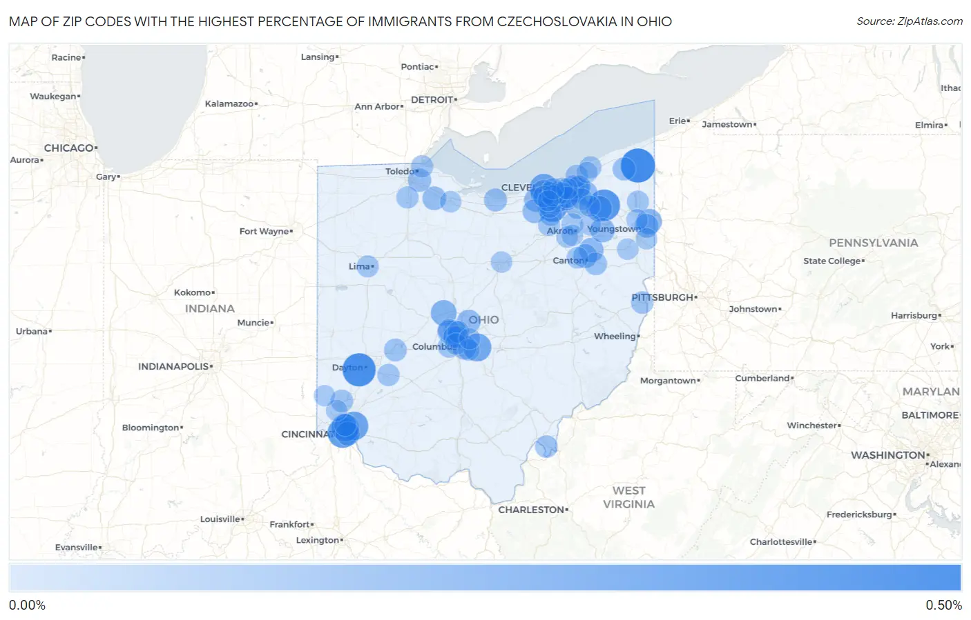 Zip Codes with the Highest Percentage of Immigrants from Czechoslovakia in Ohio Map