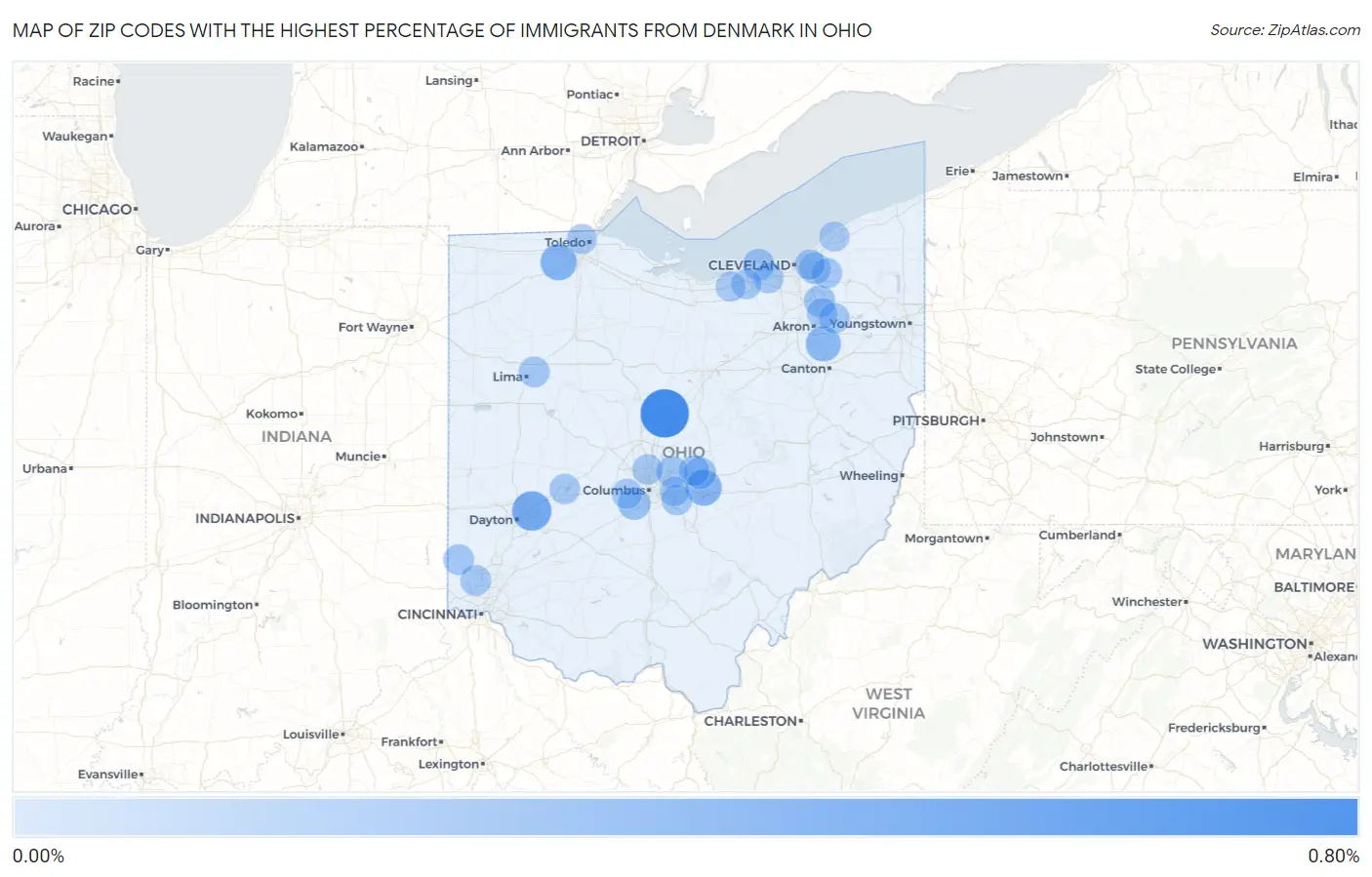 Zip Codes with the Highest Percentage of Immigrants from Denmark in Ohio Map