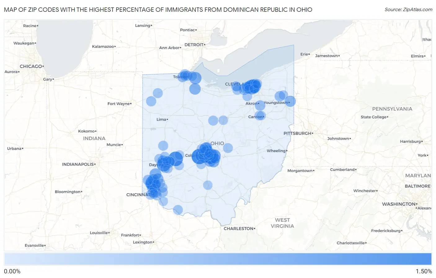 Zip Codes with the Highest Percentage of Immigrants from Dominican Republic in Ohio Map
