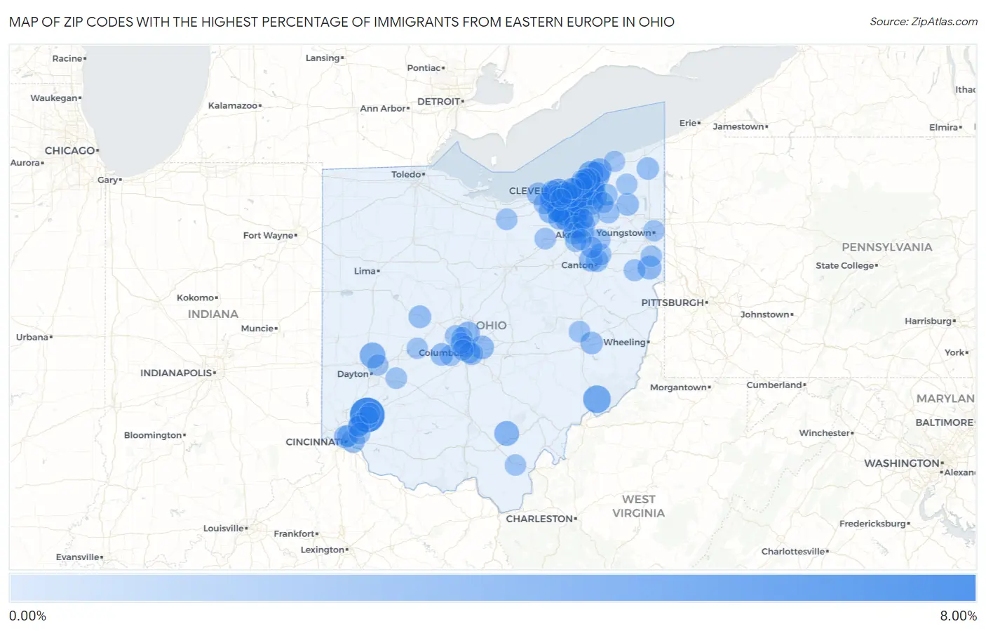 Zip Codes with the Highest Percentage of Immigrants from Eastern Europe in Ohio Map