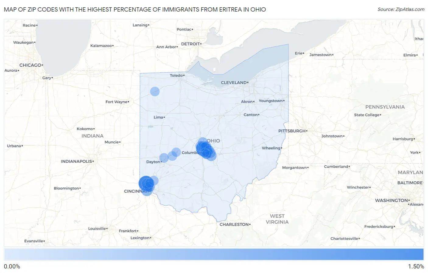 Zip Codes with the Highest Percentage of Immigrants from Eritrea in Ohio Map