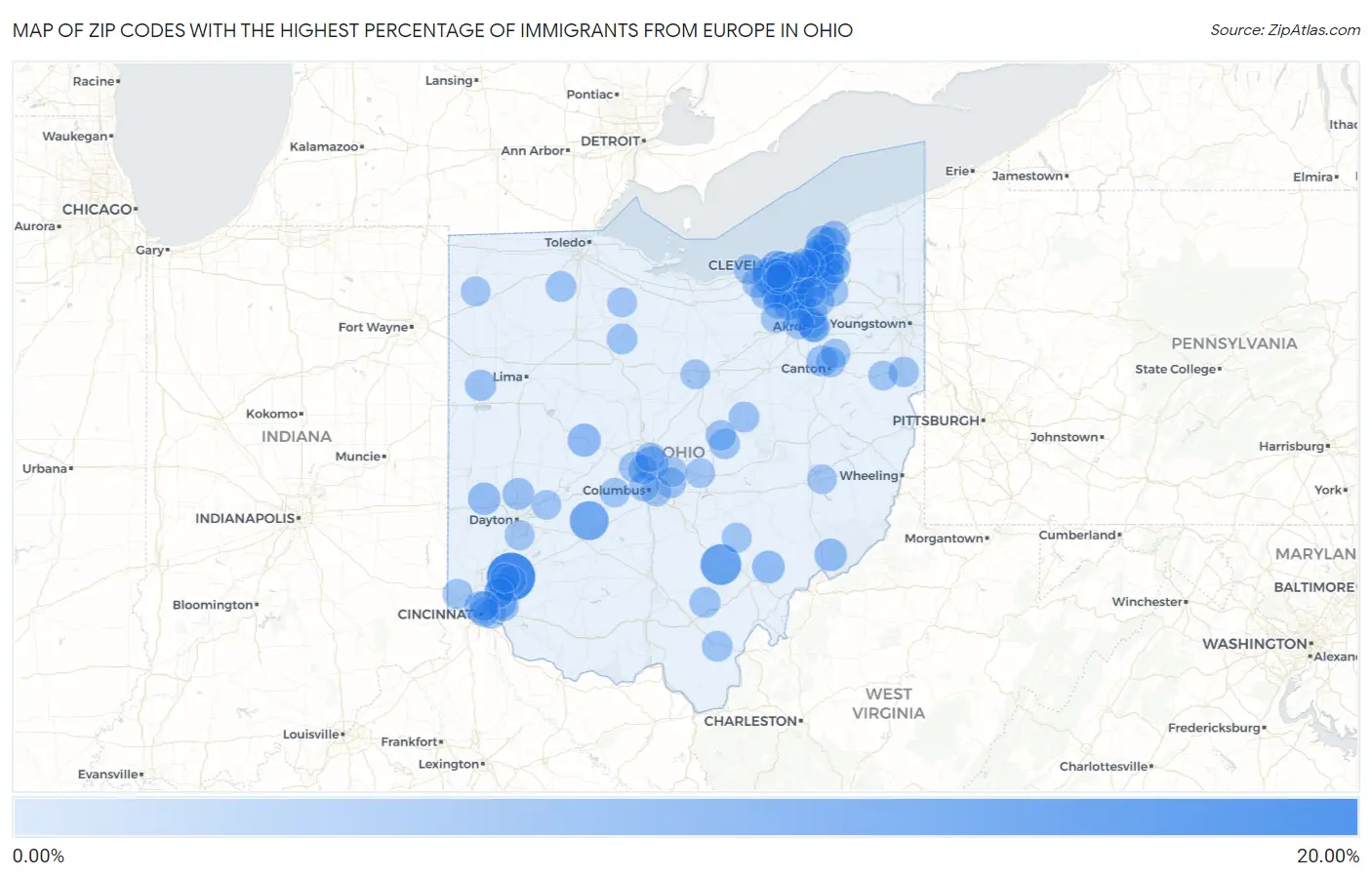 Zip Codes with the Highest Percentage of Immigrants from Europe in Ohio Map