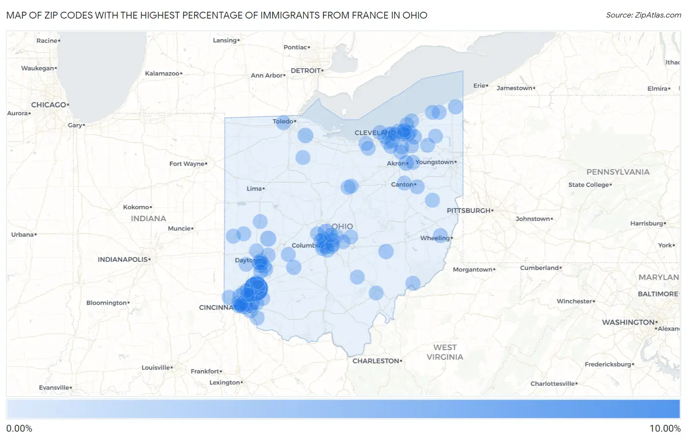 Zip Codes with the Highest Percentage of Immigrants from France in Ohio Map