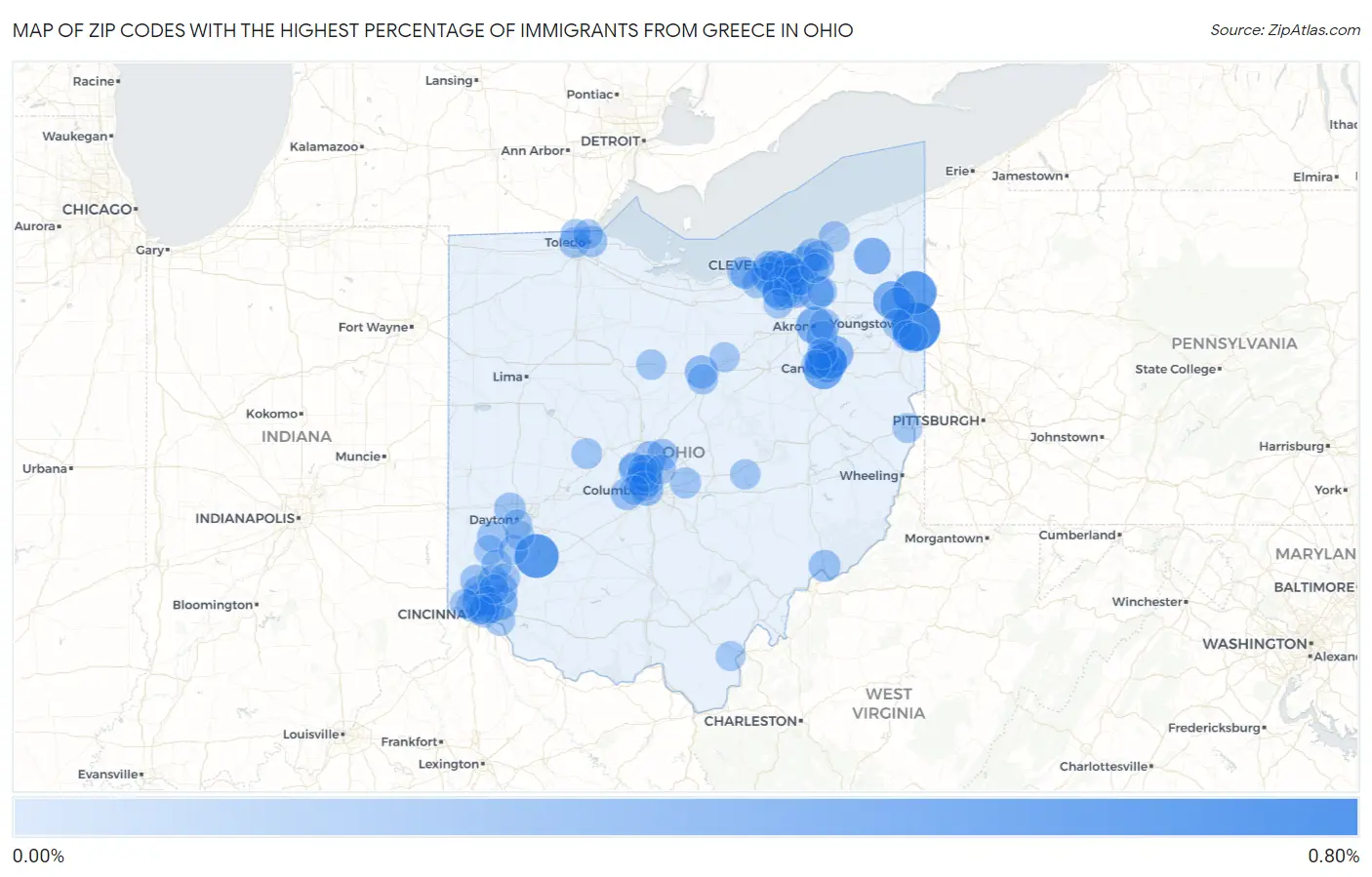 Zip Codes with the Highest Percentage of Immigrants from Greece in Ohio Map