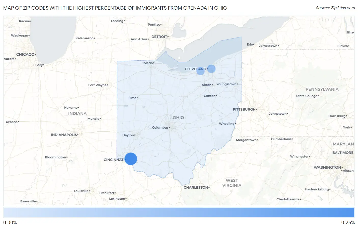Zip Codes with the Highest Percentage of Immigrants from Grenada in Ohio Map