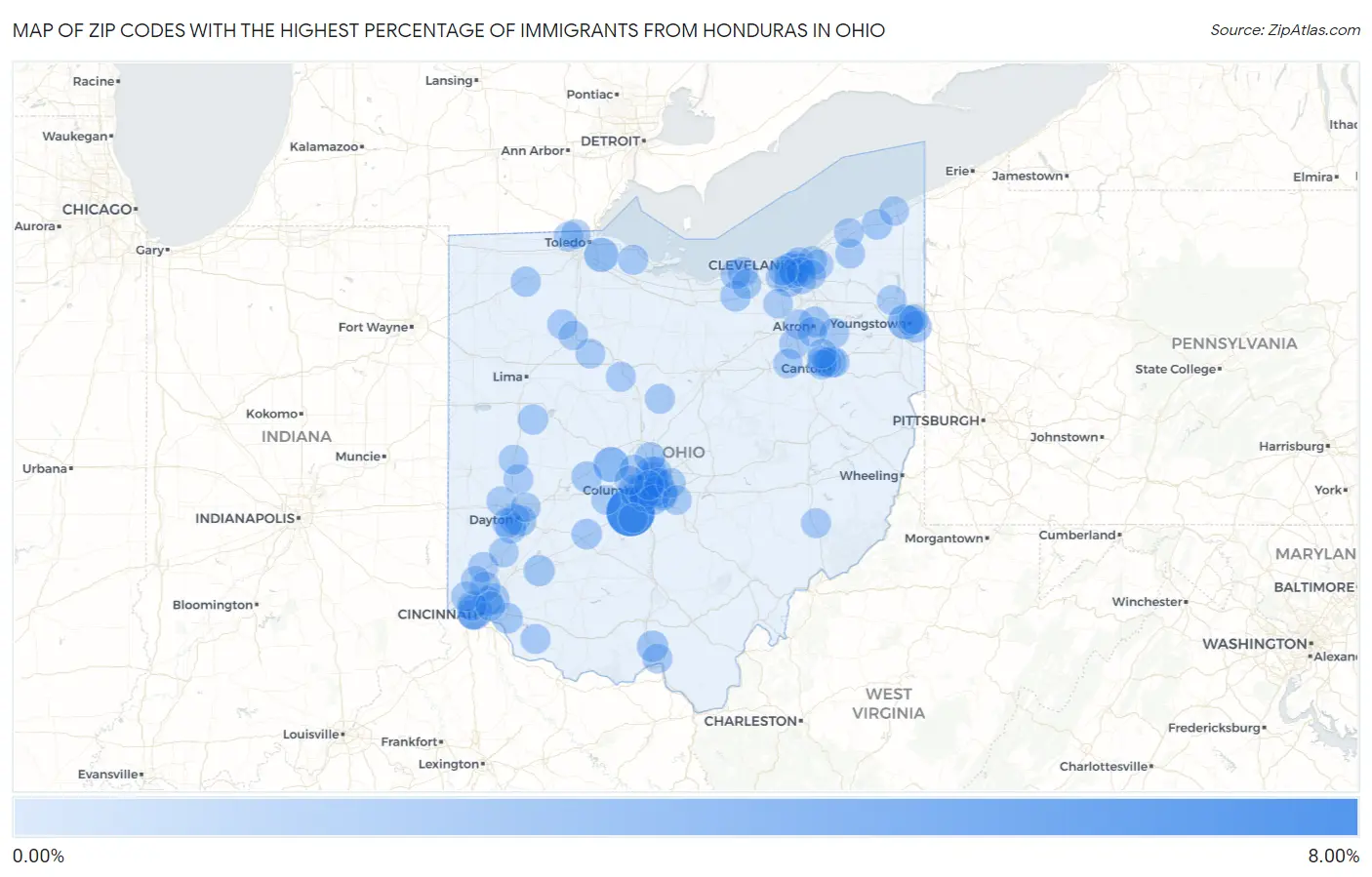 Zip Codes with the Highest Percentage of Immigrants from Honduras in Ohio Map