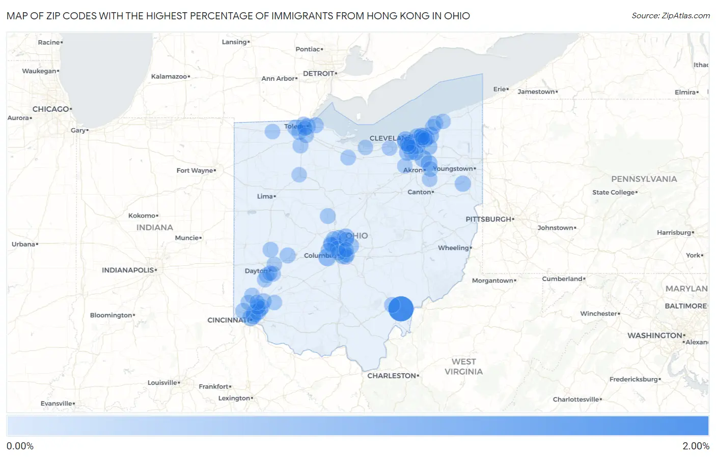 Zip Codes with the Highest Percentage of Immigrants from Hong Kong in Ohio Map