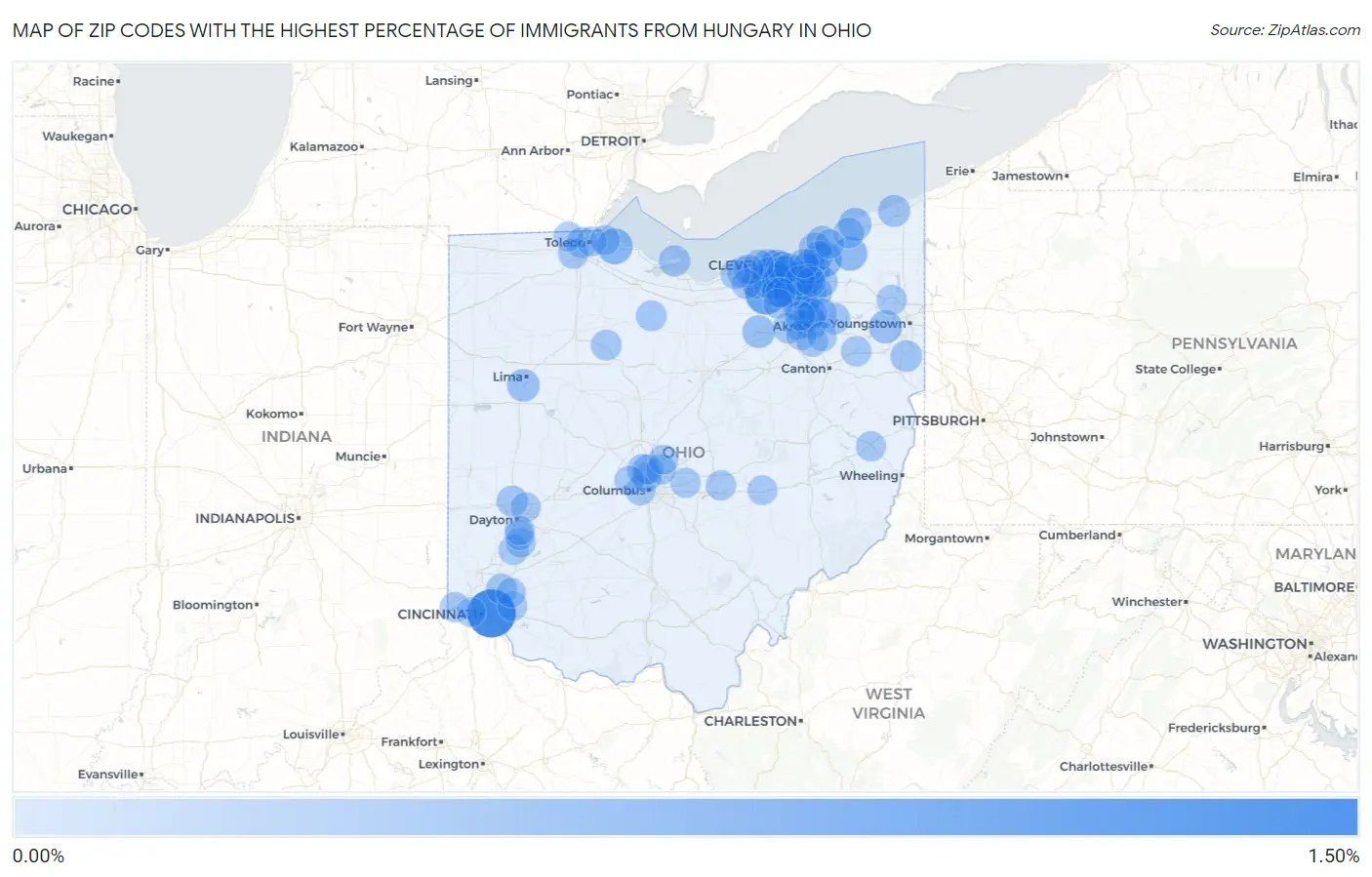 Zip Codes with the Highest Percentage of Immigrants from Hungary in Ohio Map