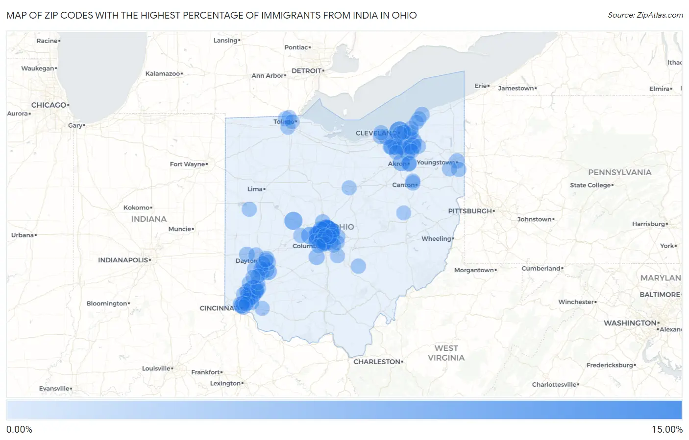 Zip Codes with the Highest Percentage of Immigrants from India in Ohio Map