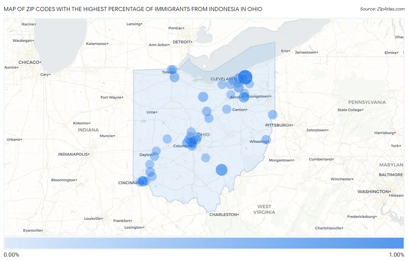 Zip Codes with the Highest Percentage of Immigrants from Indonesia in Ohio Map