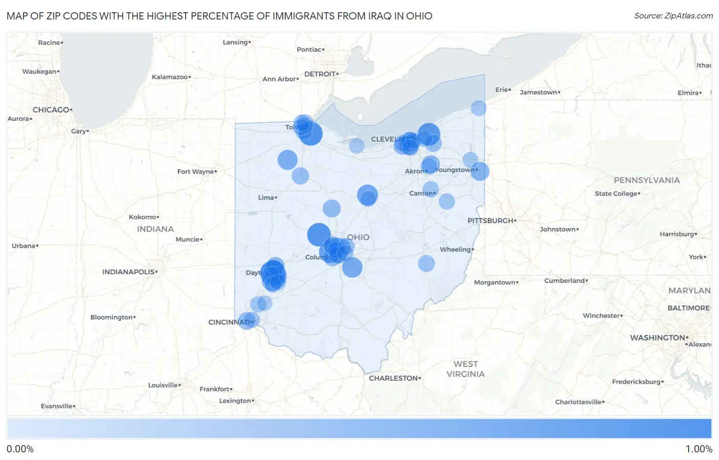 Zip Codes with the Highest Percentage of Immigrants from Iraq in Ohio Map