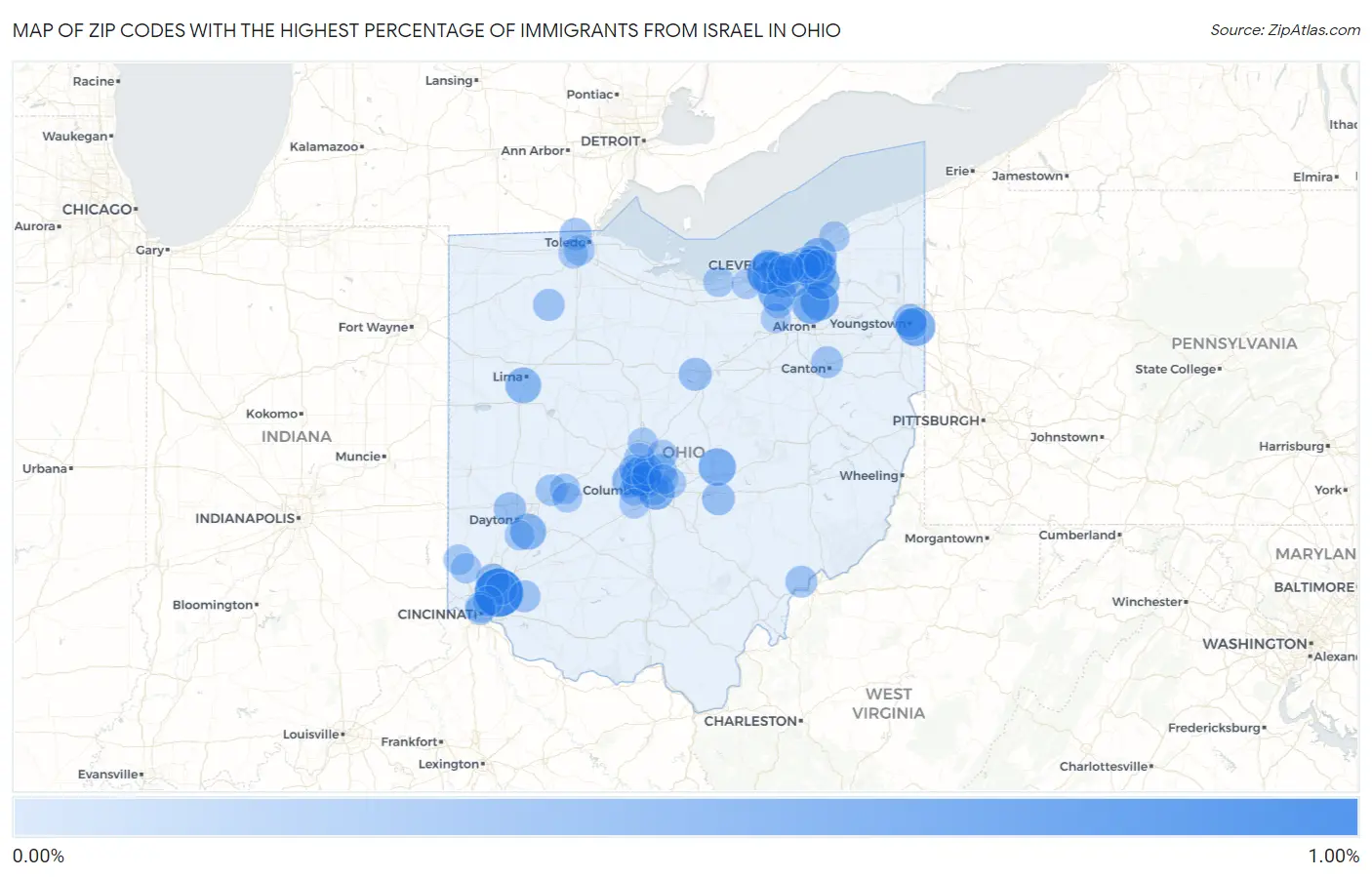 Zip Codes with the Highest Percentage of Immigrants from Israel in Ohio Map