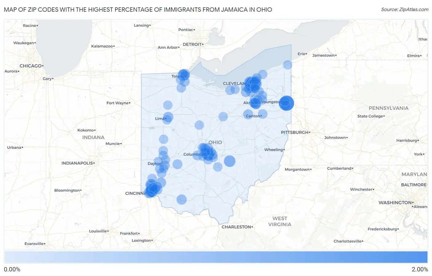 Zip Codes with the Highest Percentage of Immigrants from Jamaica in Ohio Map