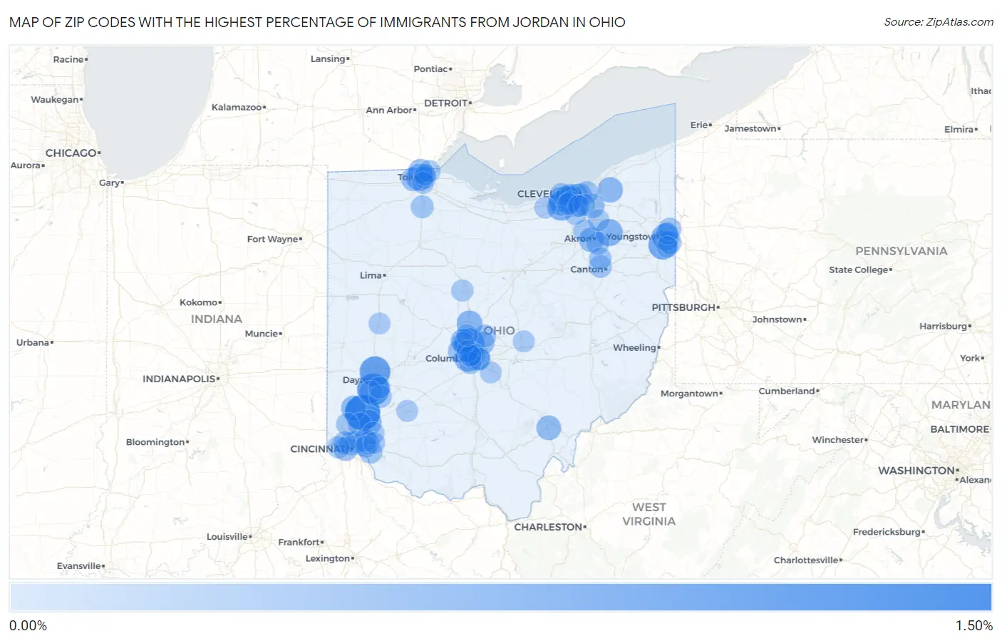 Zip Codes with the Highest Percentage of Immigrants from Jordan in Ohio Map