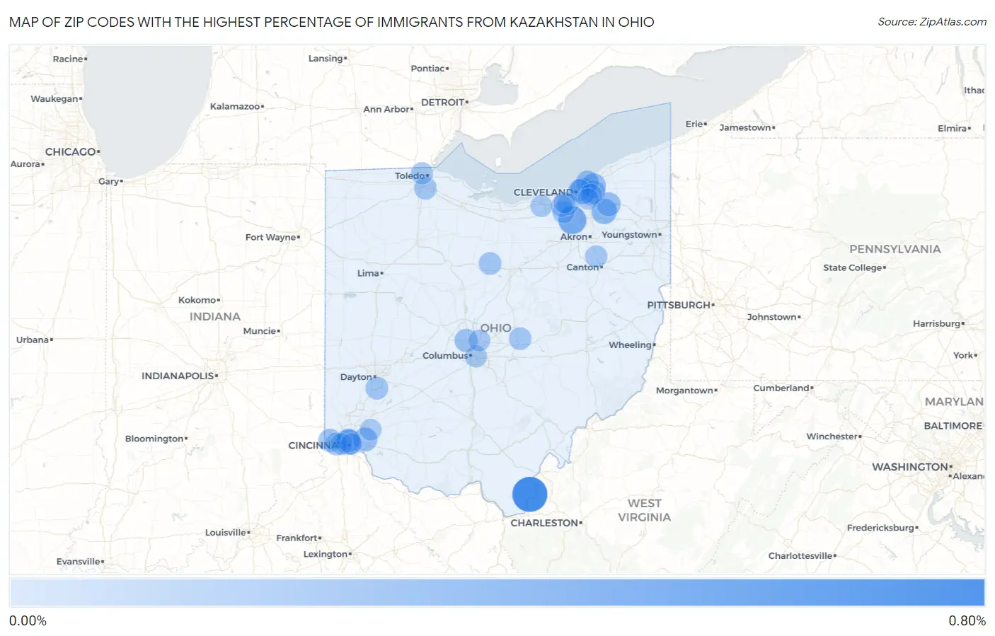 Zip Codes with the Highest Percentage of Immigrants from Kazakhstan in Ohio Map