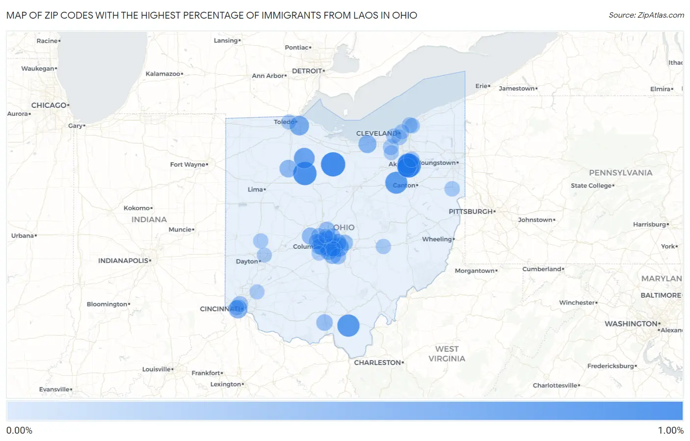 Zip Codes with the Highest Percentage of Immigrants from Laos in Ohio Map