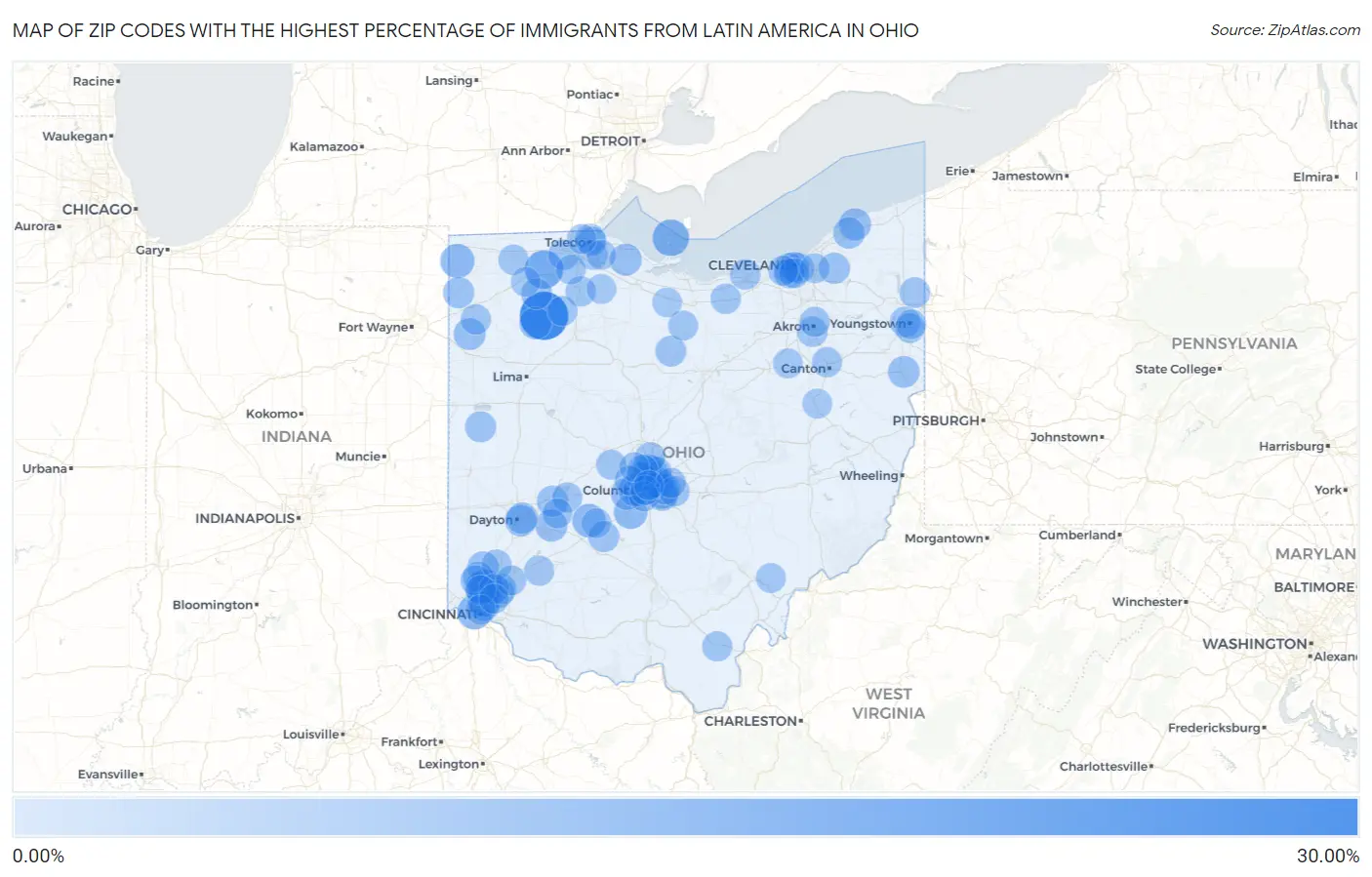 Zip Codes with the Highest Percentage of Immigrants from Latin America in Ohio Map