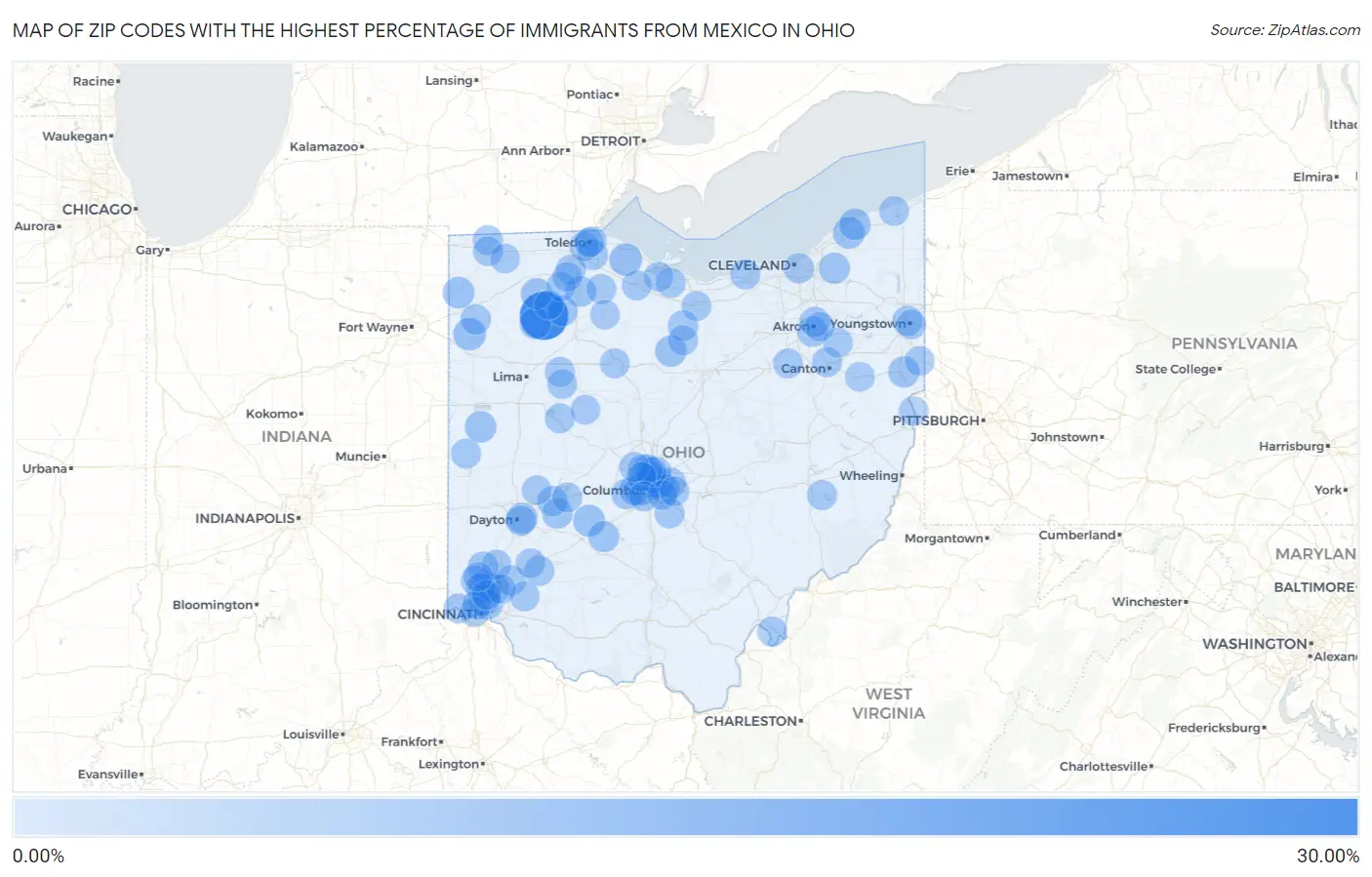 Zip Codes with the Highest Percentage of Immigrants from Mexico in Ohio Map