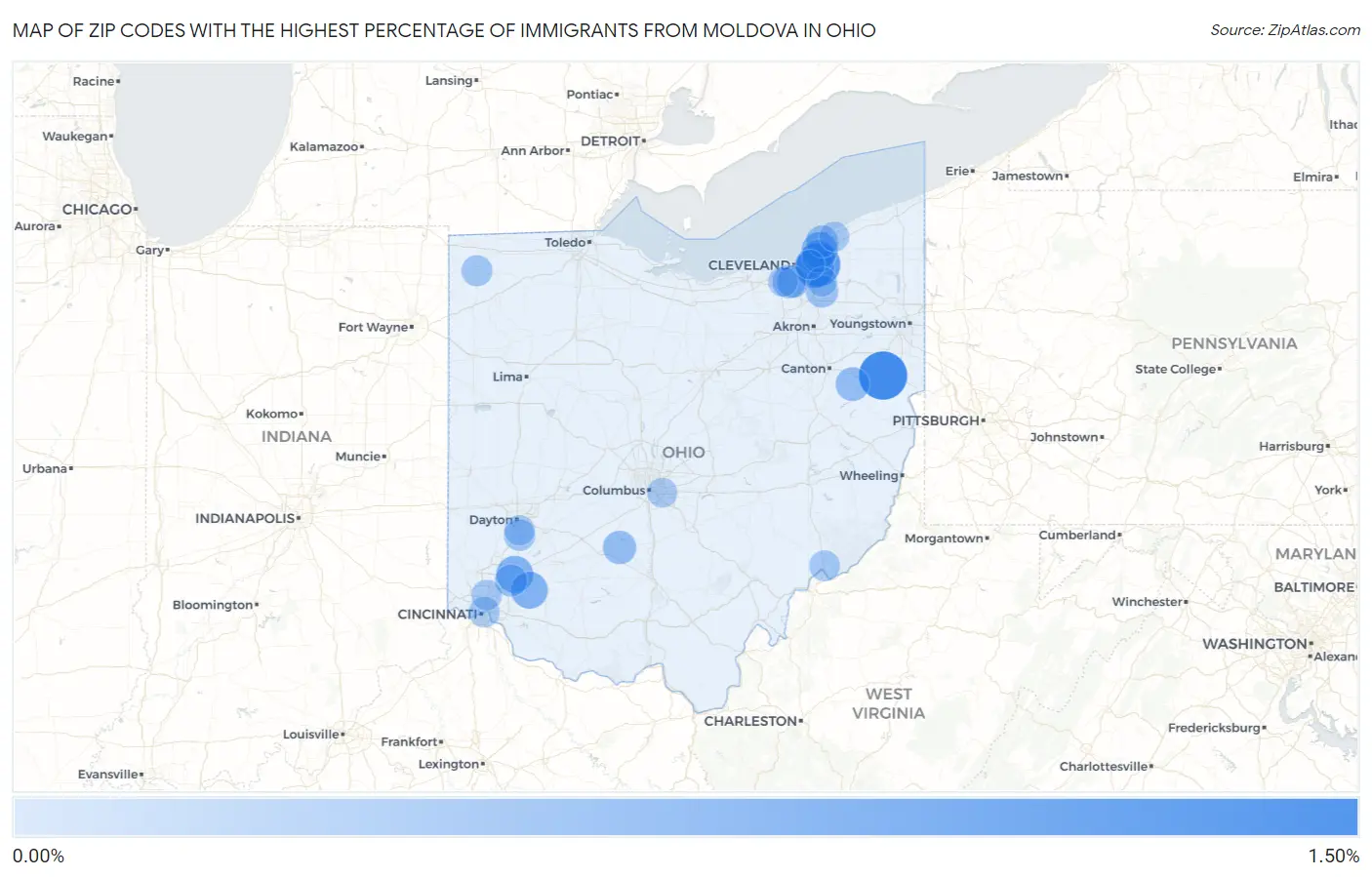 Zip Codes with the Highest Percentage of Immigrants from Moldova in Ohio Map