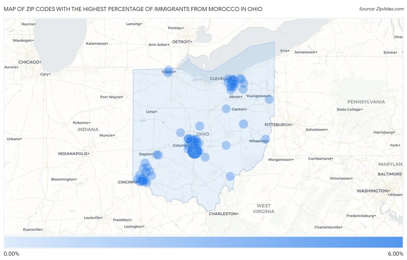 Zip Codes with the Highest Percentage of Immigrants from Morocco in Ohio Map