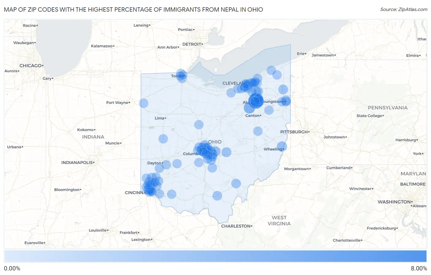 Zip Codes with the Highest Percentage of Immigrants from Nepal in Ohio Map