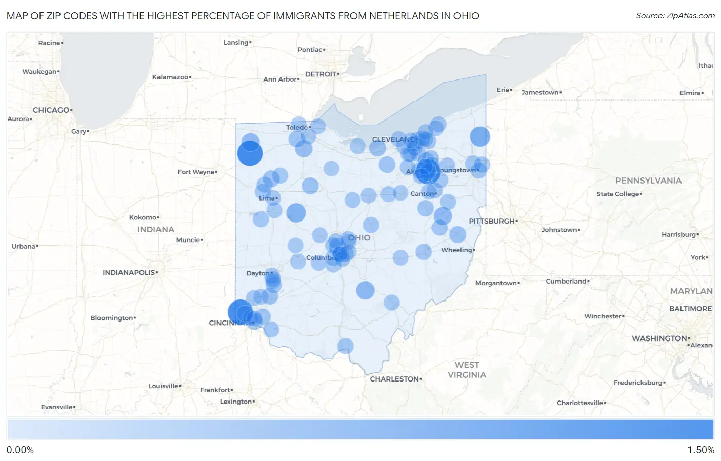 Zip Codes with the Highest Percentage of Immigrants from Netherlands in Ohio Map