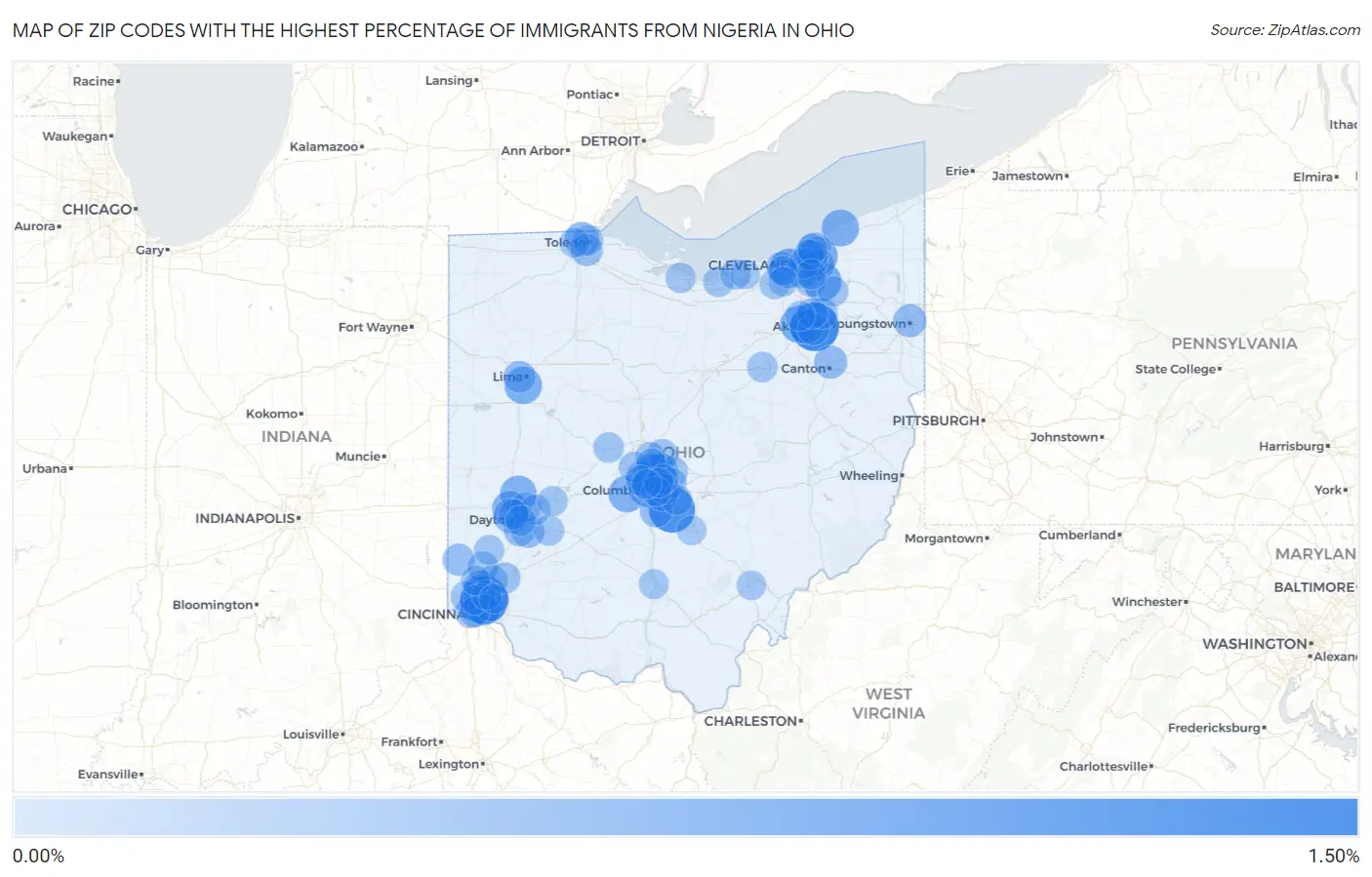 Zip Codes with the Highest Percentage of Immigrants from Nigeria in Ohio Map