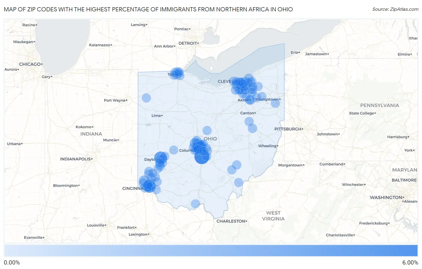 Zip Codes with the Highest Percentage of Immigrants from Northern Africa in Ohio Map