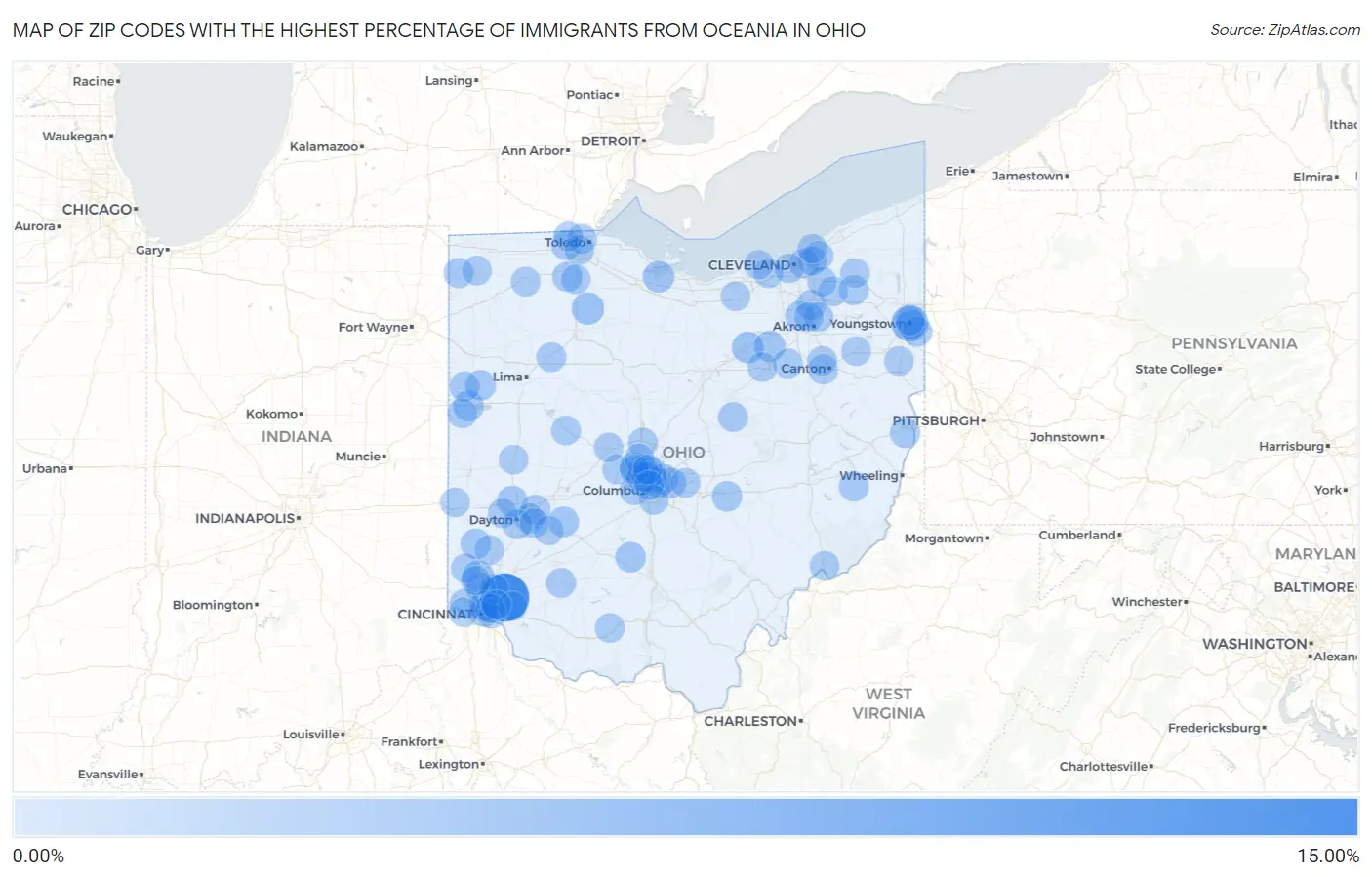 Zip Codes with the Highest Percentage of Immigrants from Oceania in Ohio Map