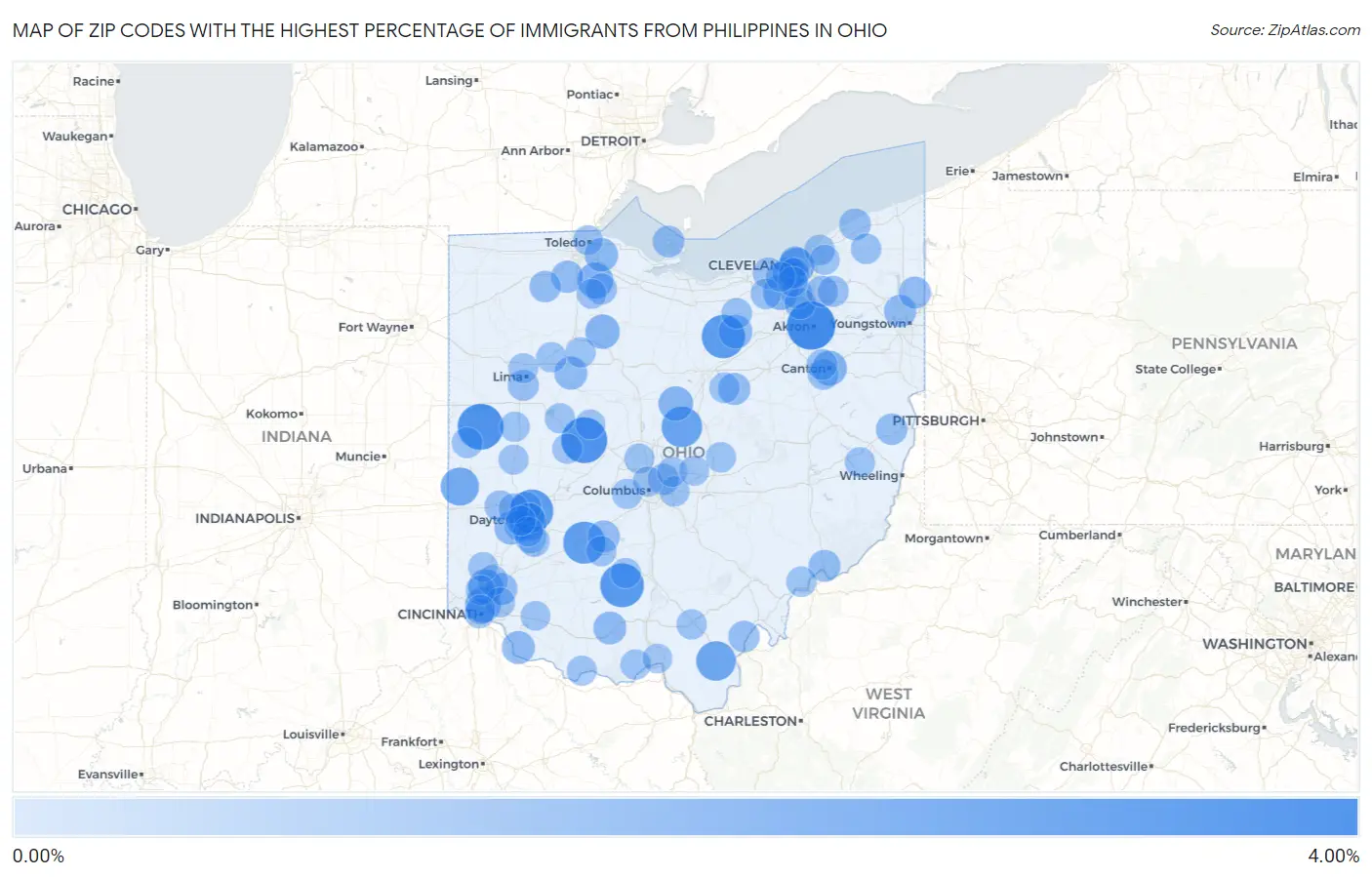 Zip Codes with the Highest Percentage of Immigrants from Philippines in Ohio Map
