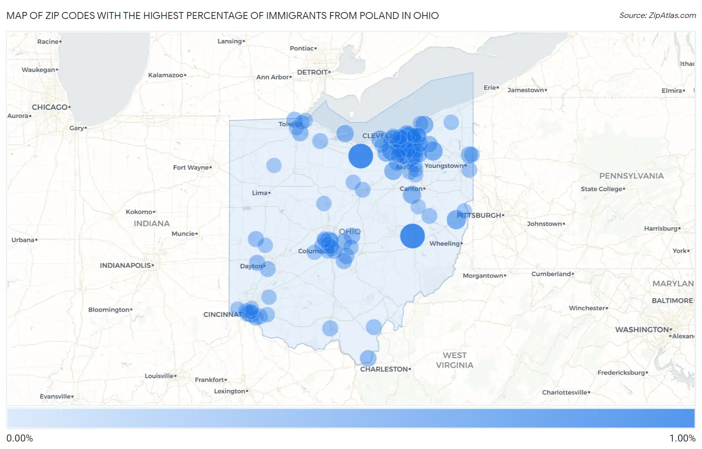 Zip Codes with the Highest Percentage of Immigrants from Poland in Ohio Map