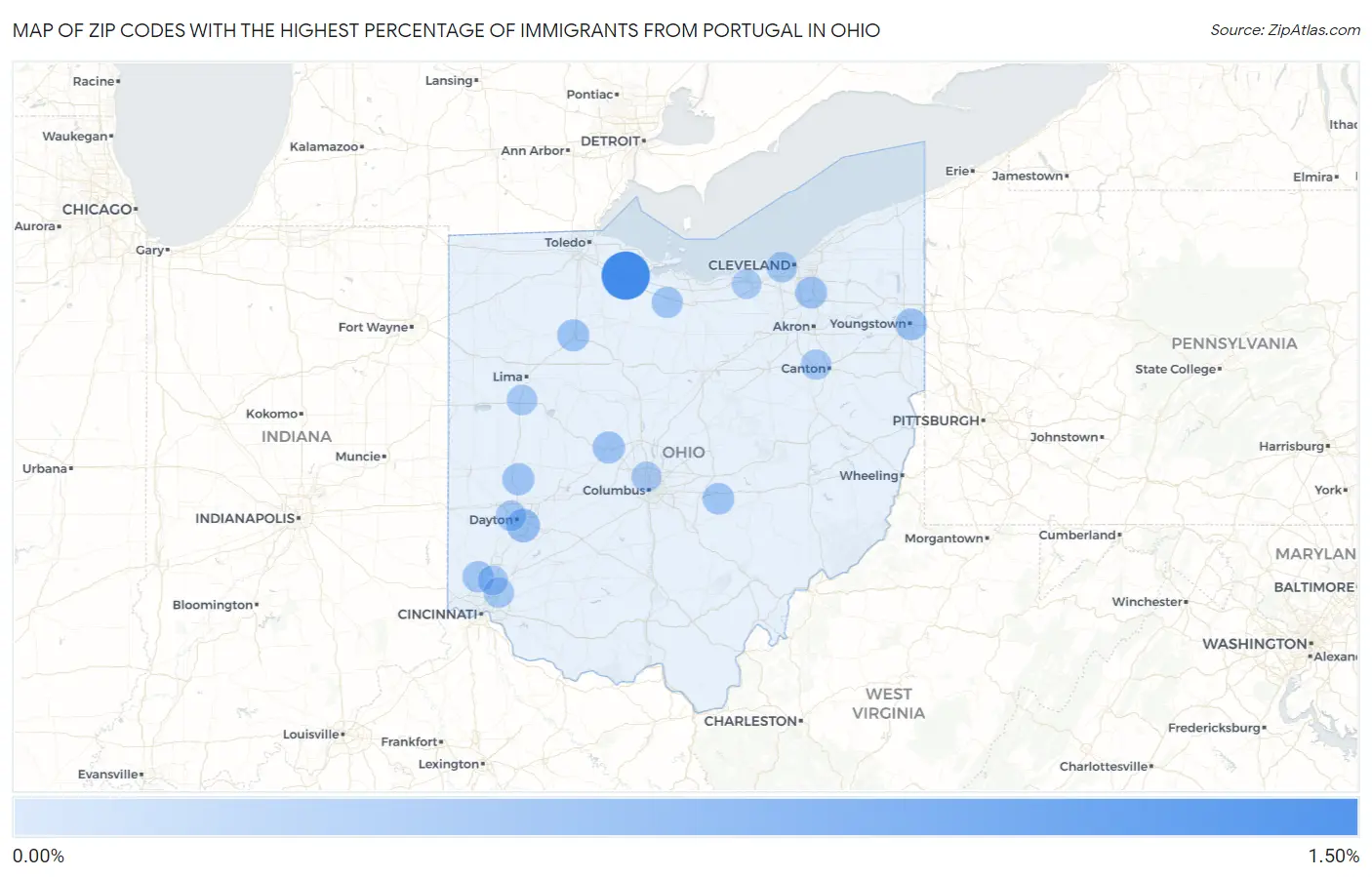 Zip Codes with the Highest Percentage of Immigrants from Portugal in Ohio Map
